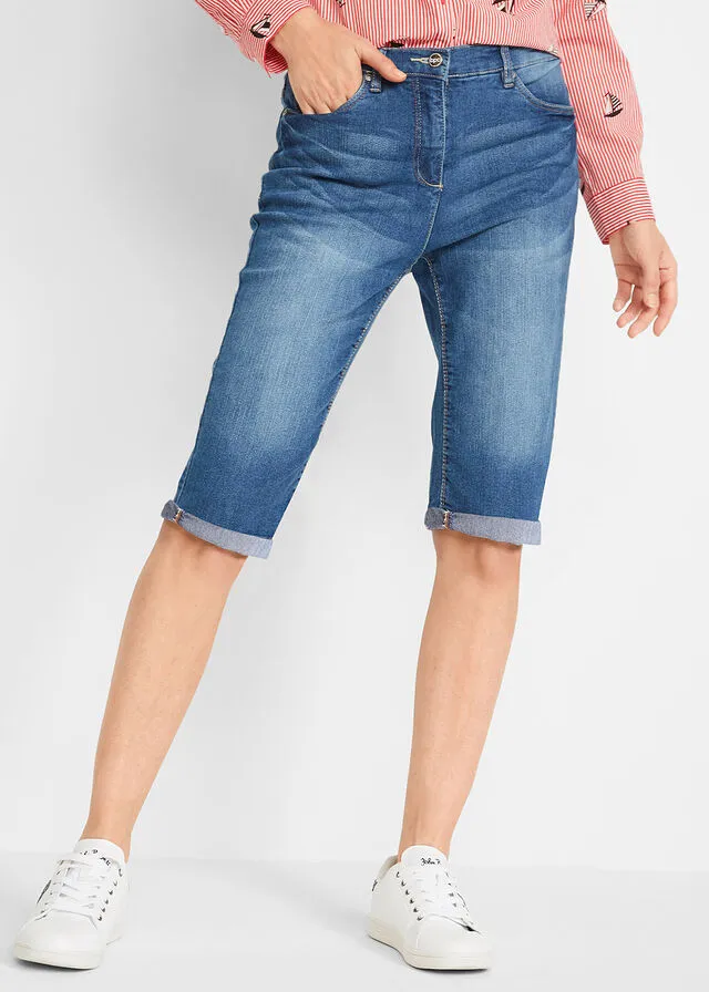 Bermudas vaqueras, elásticas, con bajo enrollado Vaquero azul