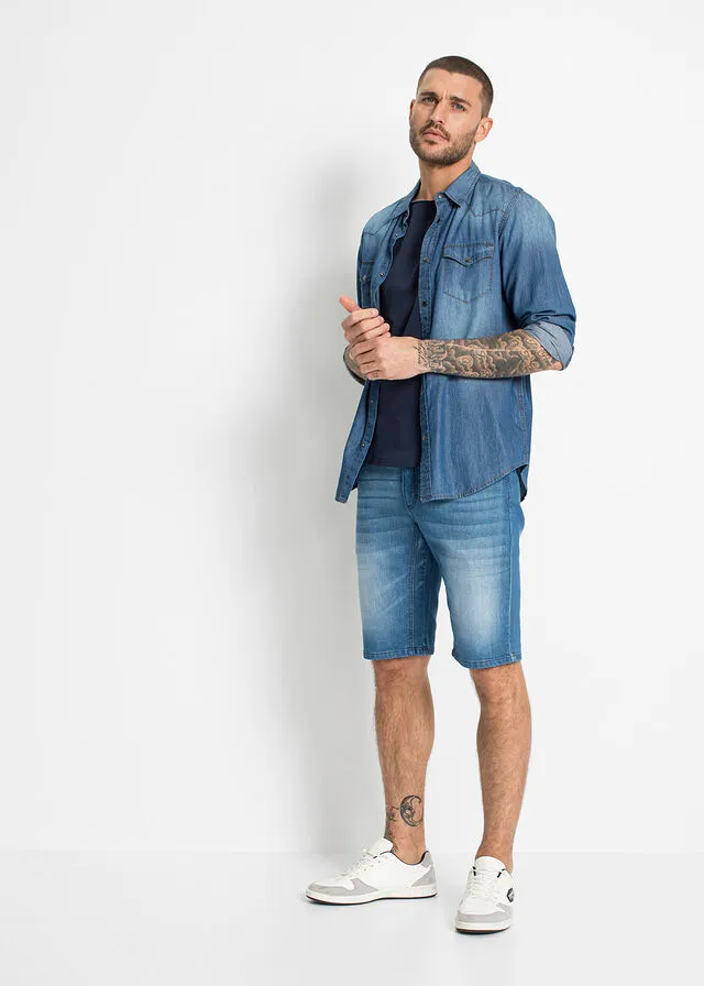 Bermudas vaqueras elásticas con entrepierna reforzada, corte regular Denim medio