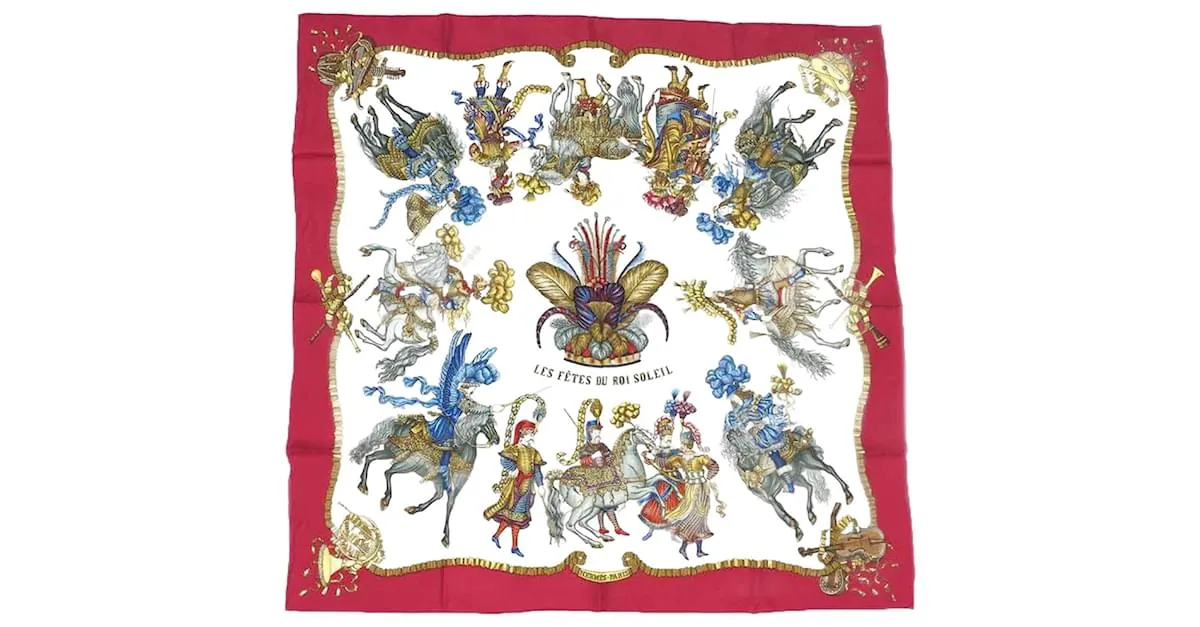 Bufanda Hermès Carré 90 LAS FIESTAS DEL REY SOL Blanco Roja 