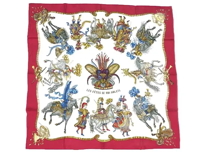 Bufanda Hermès Carré 90 LAS FIESTAS DEL REY SOL Blanco Roja 