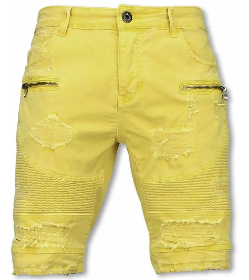 PANTALON CORTO  BERMUDAS VAQUERAS HOMBRE SLIM FIT  DAMAGED BIKER JEANS CON CREMALLERA  AMARILLO