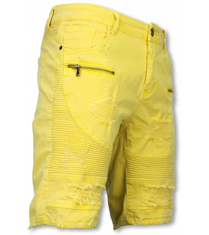 PANTALON CORTO  BERMUDAS VAQUERAS HOMBRE SLIM FIT  DAMAGED BIKER JEANS CON CREMALLERA  AMARILLO
