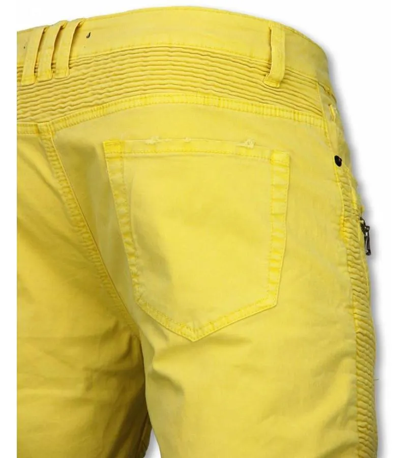 PANTALON CORTO  BERMUDAS VAQUERAS HOMBRE SLIM FIT  DAMAGED BIKER JEANS CON CREMALLERA  AMARILLO
